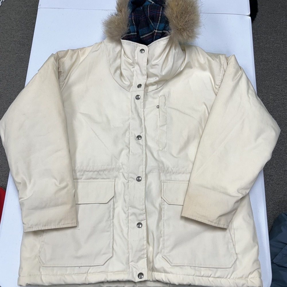 Woolrich Hooded Parka Jacket Womens L Cream Good Faux Fur Trim Plaid Lined
